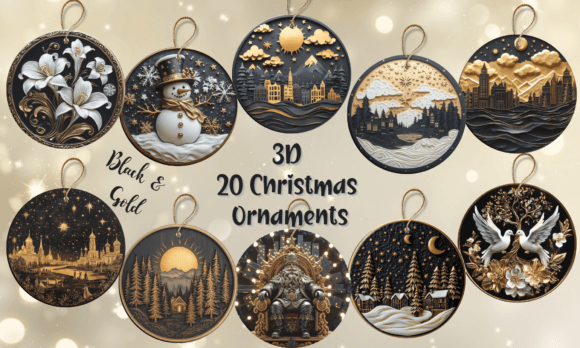 3D Christmas Ornaments, Blue Gold Illustrations