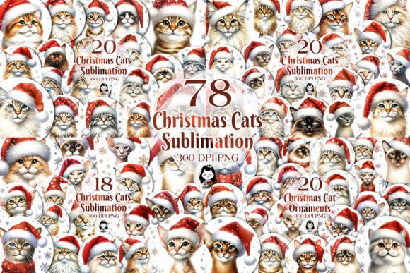 78 Breeds of Christmas Cat Ornaments Illustrations