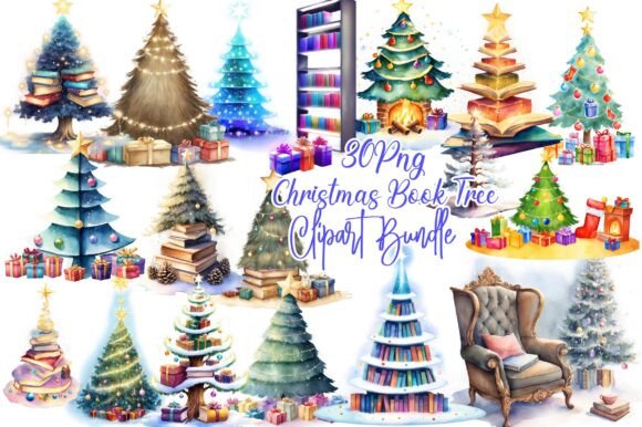 Christmas Book Tree Clipart Bundle: Illustrations