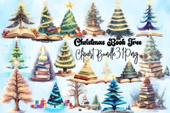 Christmas Book Tree Clipart PNG & Illustrations