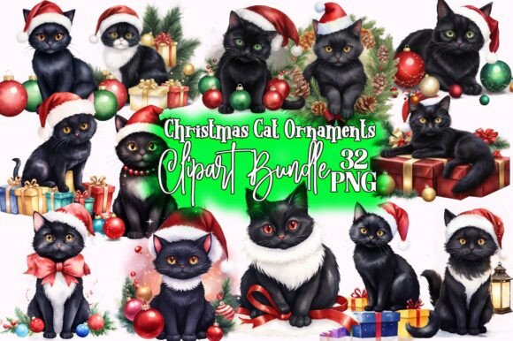 Christmas Cat Ornaments Clipart Bundle: Illustrations