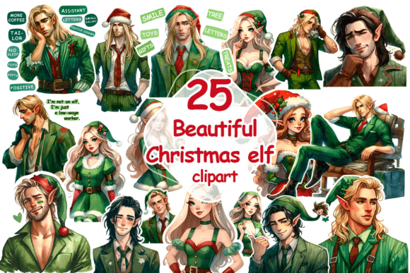 Funny Christmas Elves Clipart Sticker Illustrations