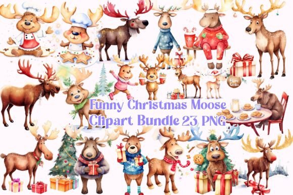 Funny Christmas Moose Clipart Bundle: Illustrations