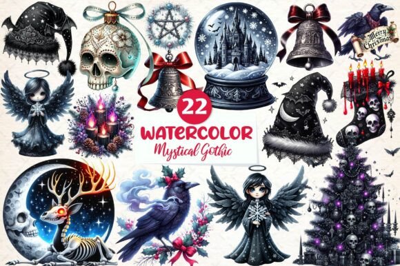 Mystical Gothic Christmas Clipart: Illustrations