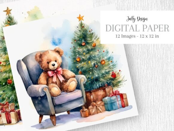 Teddy Bear Sat Besides a Christmas Tree Illustrations
