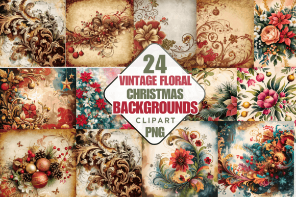 Vintage Floral Christmas Backgrounds Png & Illustrations
