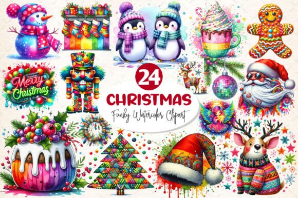 Watercolor Funky Christmas Clipart Illustrations