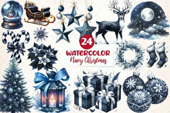 Watercolor Navy Christmas Clipart: Illustrations for Sellers
